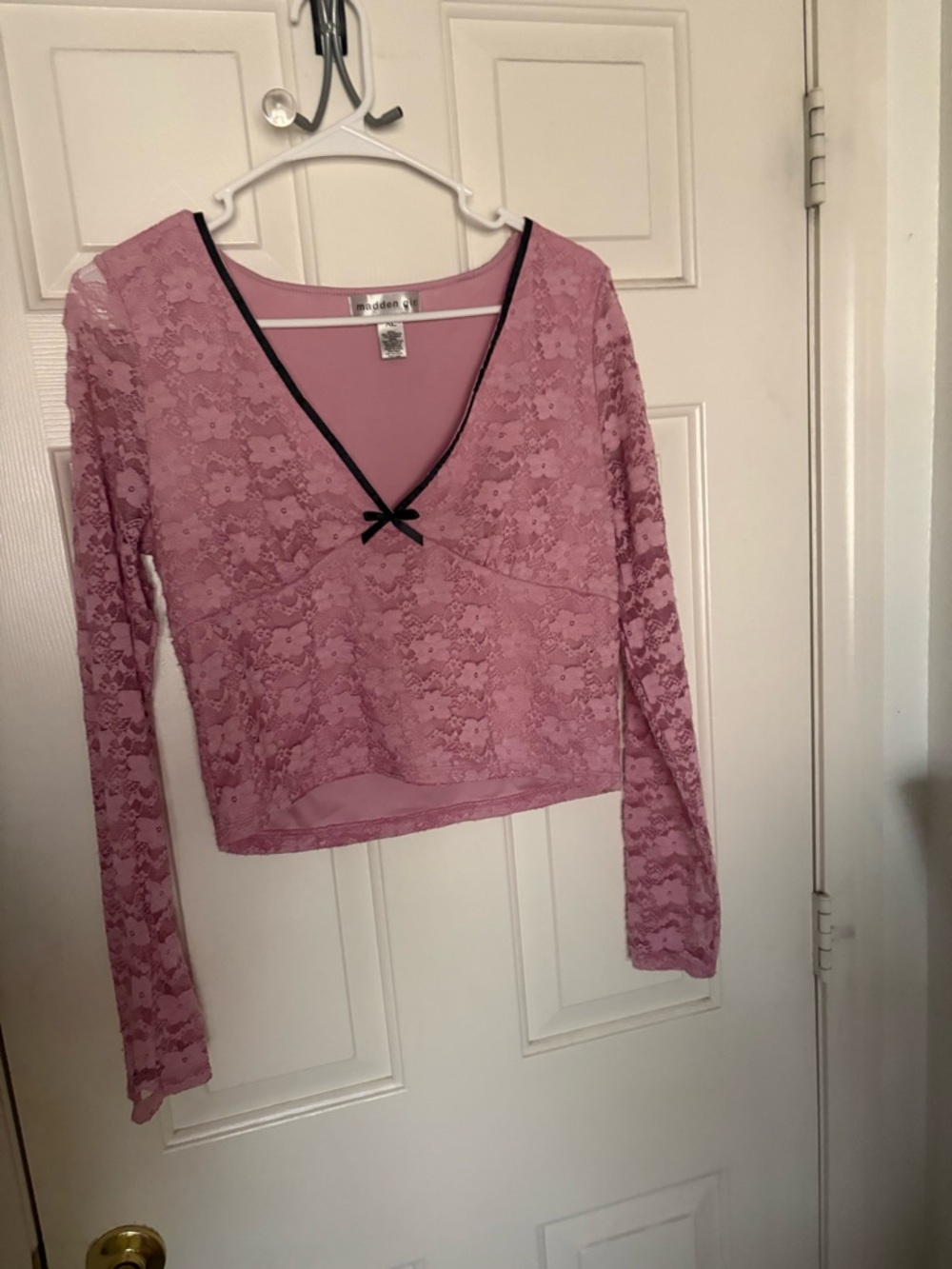 Madden Girl Pink Lace V-Neck Long Sleeve Top with Black Trim